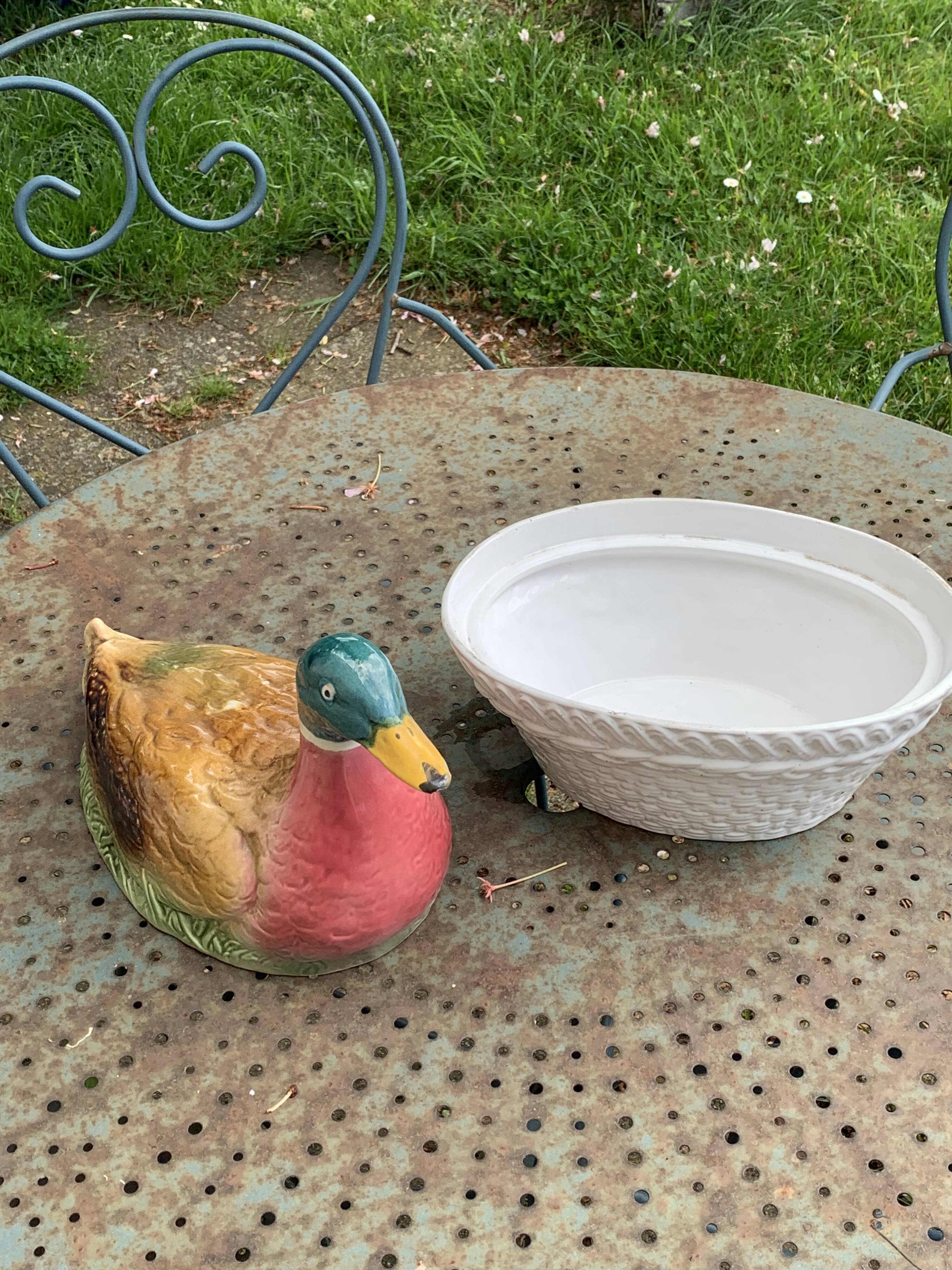 Charming Duck, slip, enameled ceramic terrine, white basket-shaped base and lid