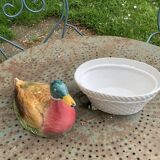 Charming Duck, slip, enameled ceramic terrine, white basket-shaped base and lid