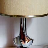 Modernist lamp chromed metal 70s, beige canvas lampshade