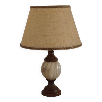 Grande lampe de table vintage en albâtre/marbre et bois avec abat-jour en tissu