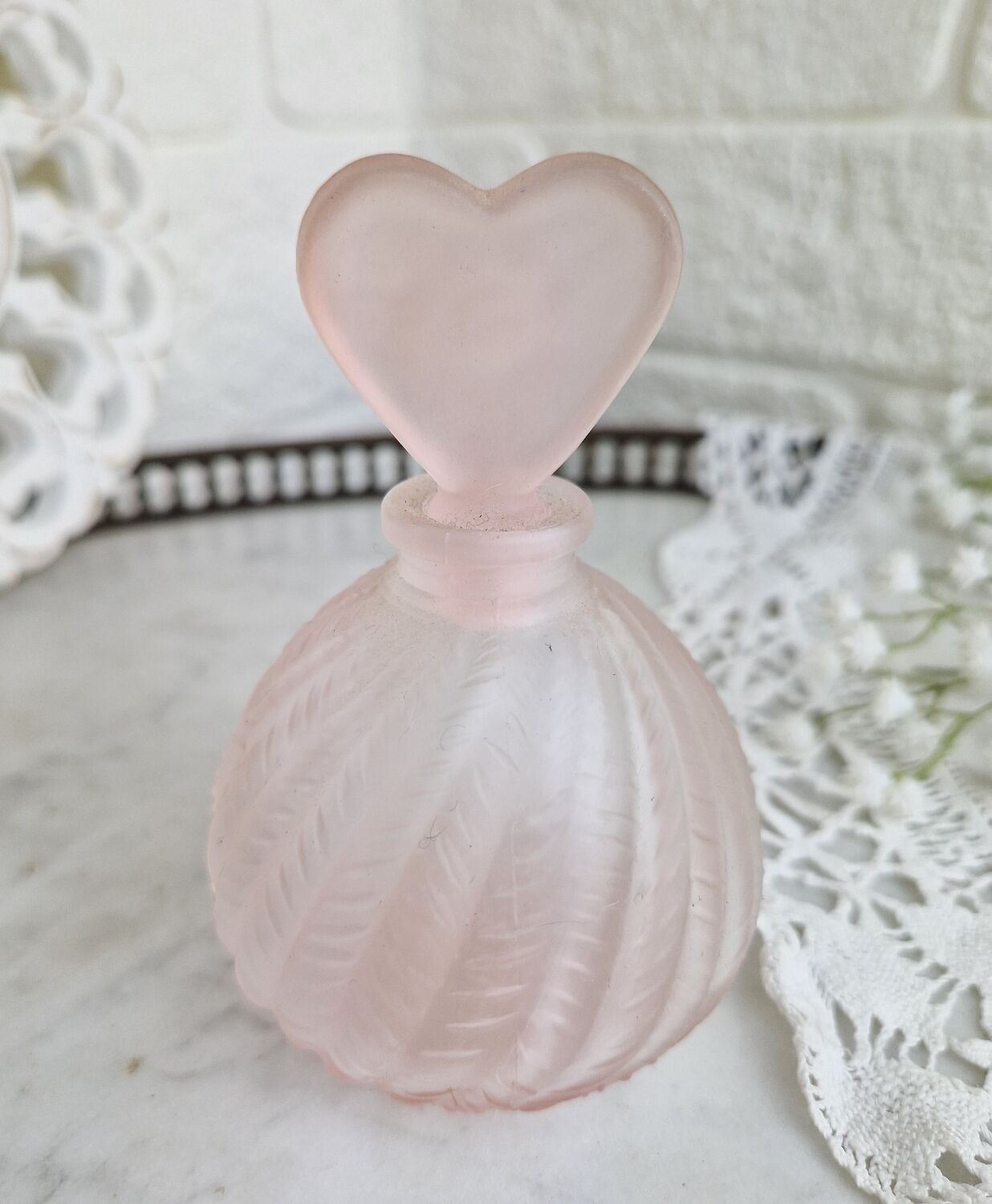 Vintage Pink Frosted Glass Bathroom Set Romantic Heart Decor