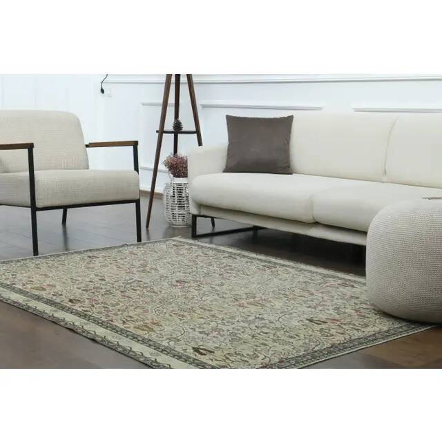 1970s Vintage Turkish Oushak Handmade Wool Cotton Cream Area Rug 165x206
