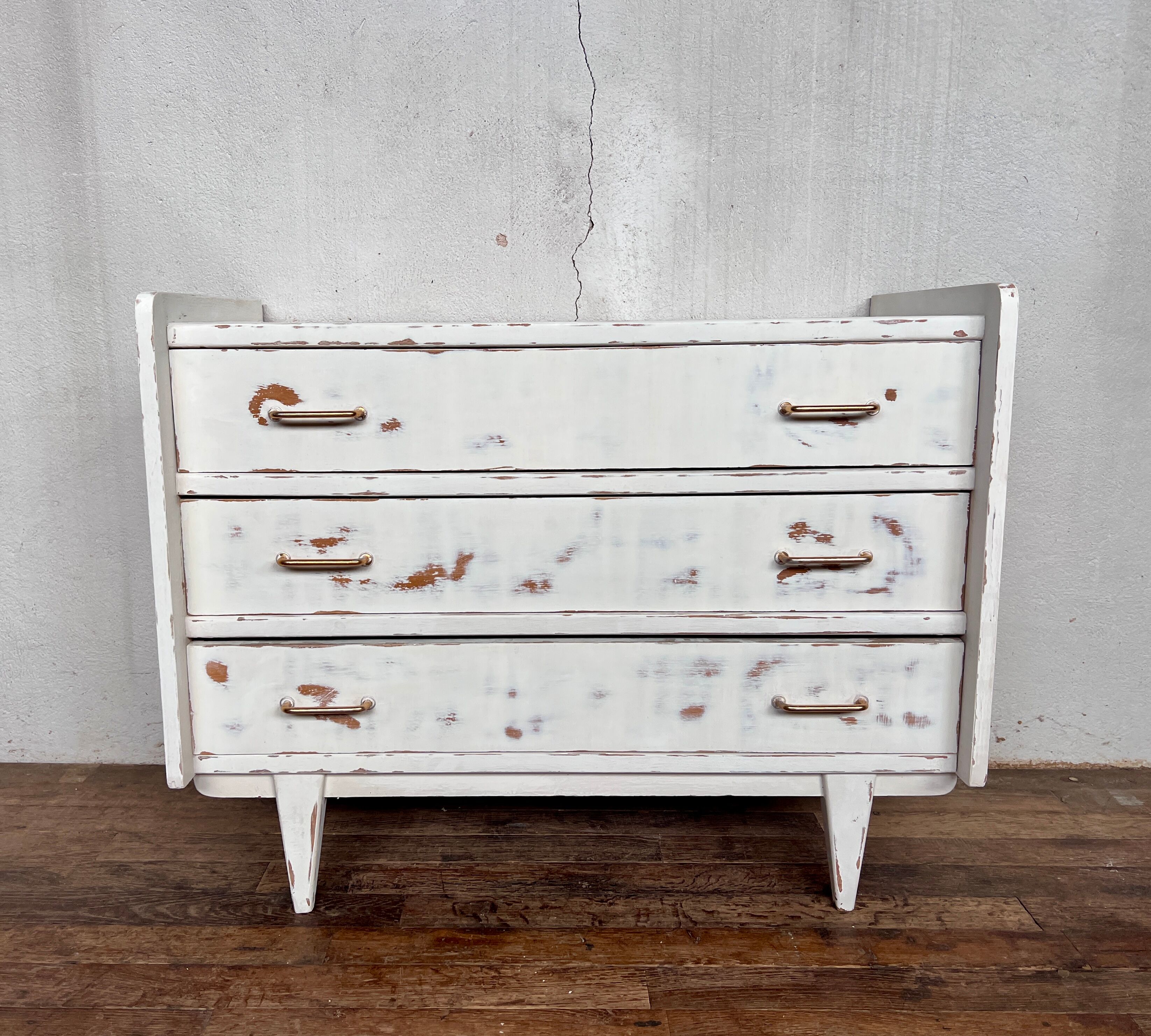 White patinated chest of drawers vintage feet compass