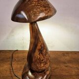 Hand-carved wooden mushroom table lamp with integrated LED