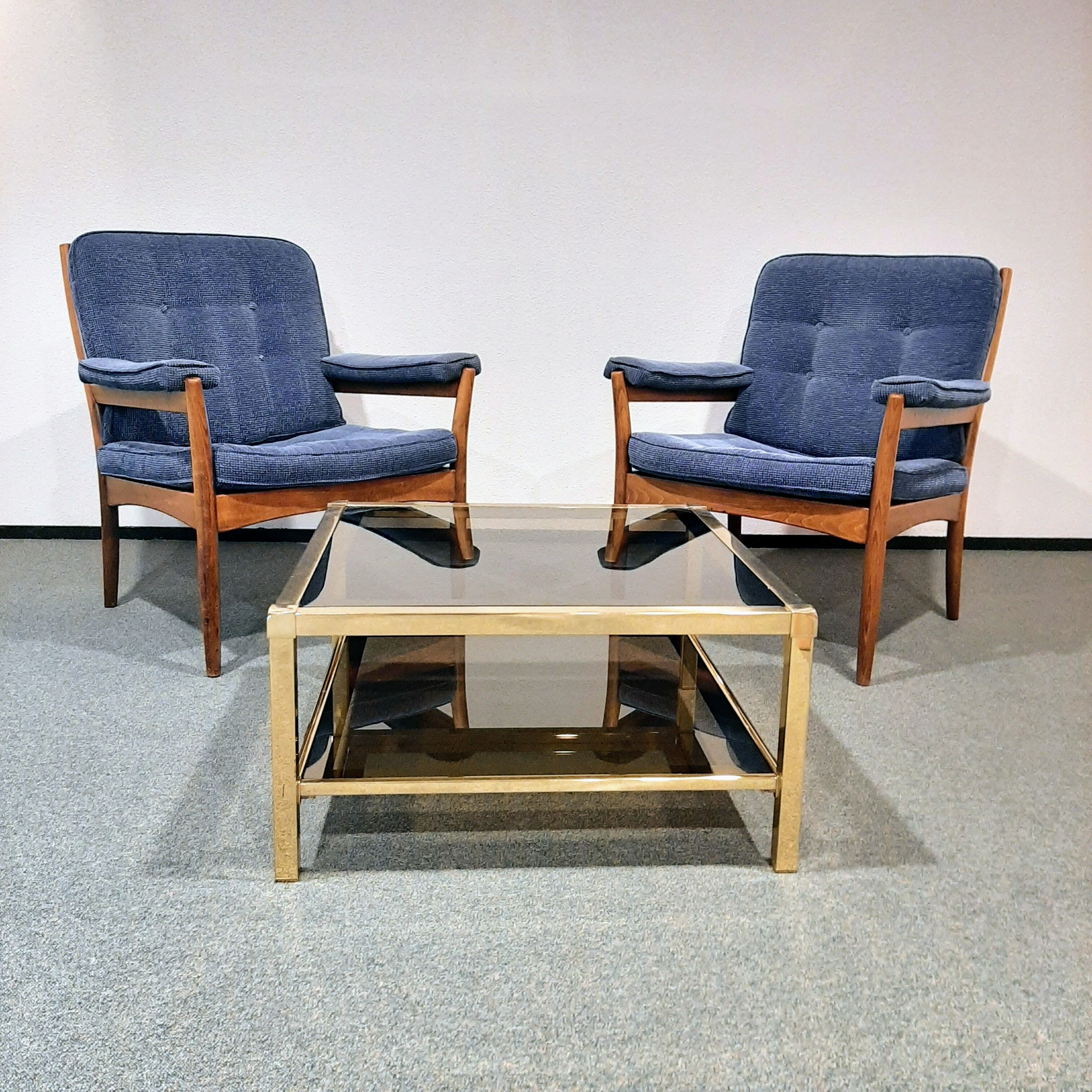 Vintage coffee table in smoked glass and brass 1970