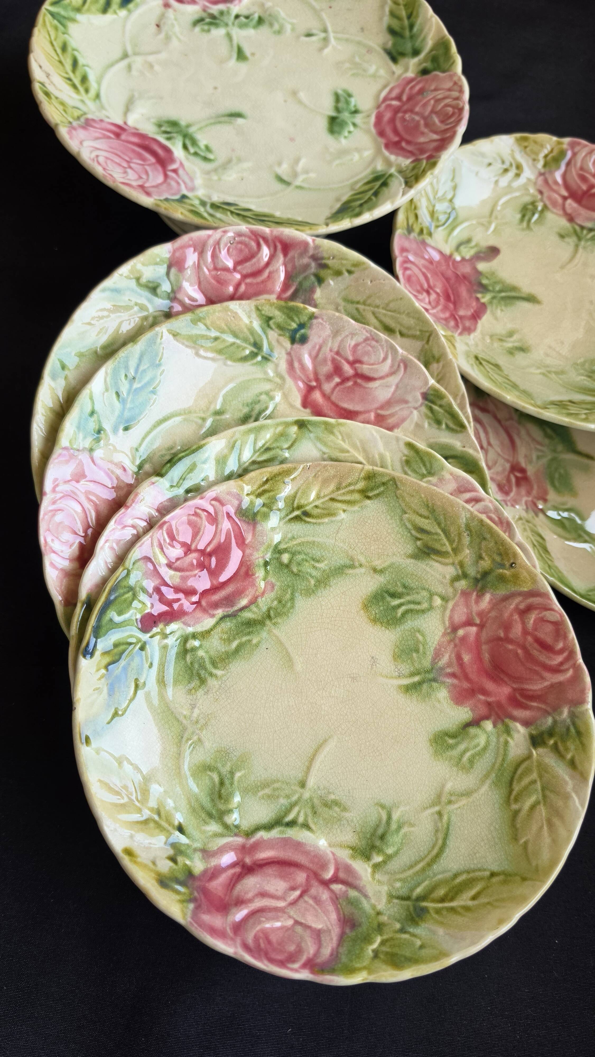 Exclusive antique dessert service in faience/terracotta with slip from 1900.