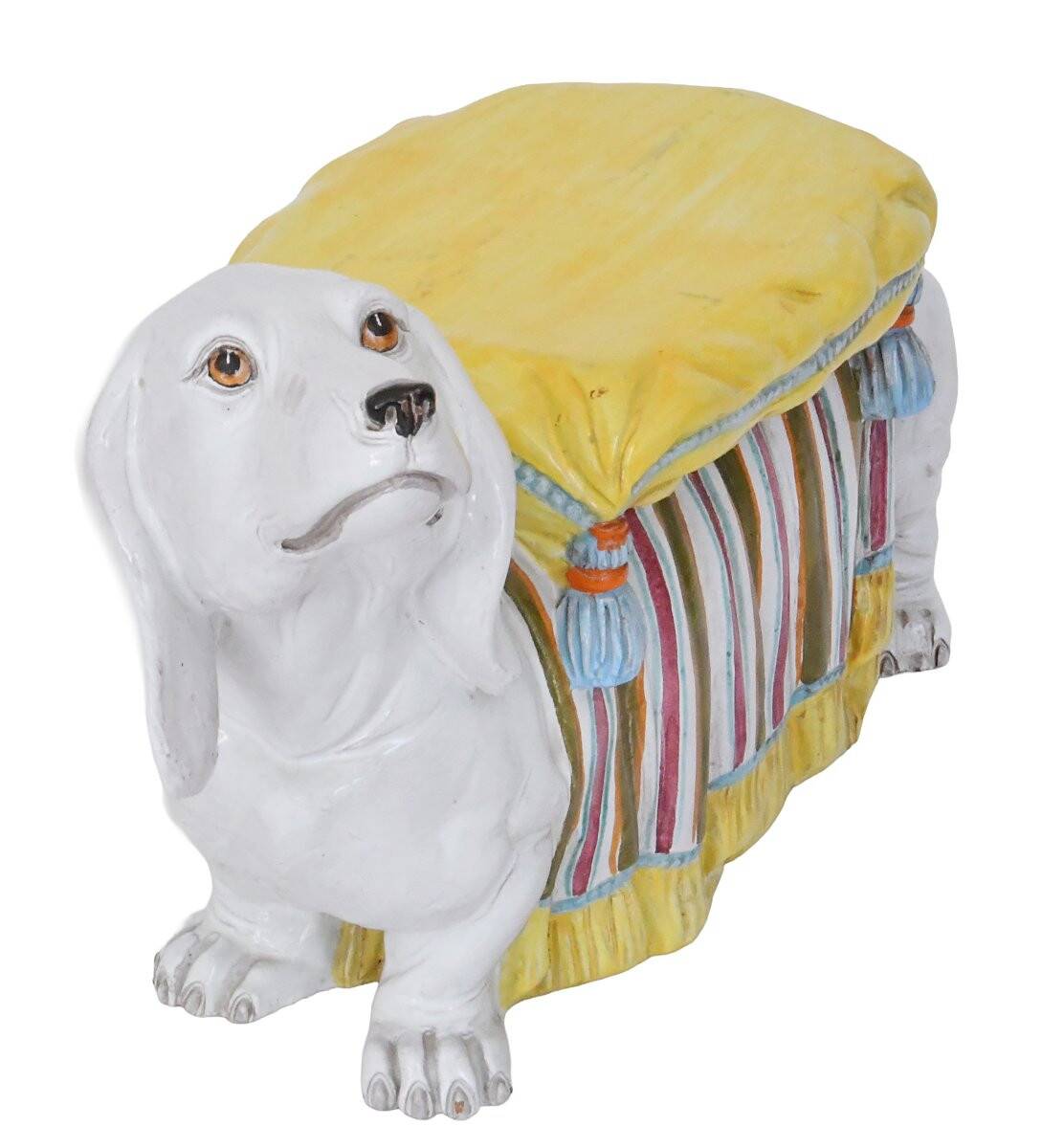 Stool or stand in earthenware depicting a white dachshund.