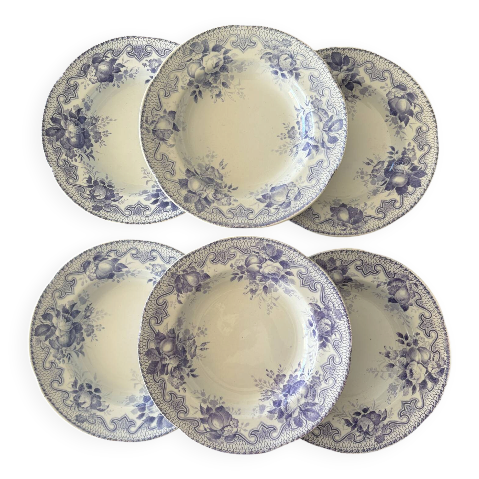 Lot de 6 assiettes creuse Creil & Montereau Bouquets • Faïence ancienn