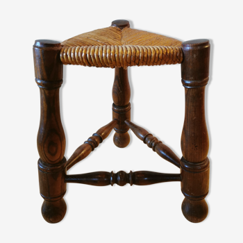 Tabouret tripode en bois et paille