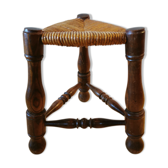 Tabouret tripode en bois et paille