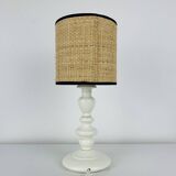 White turned wooden lamp, rattan shade, 1960s.