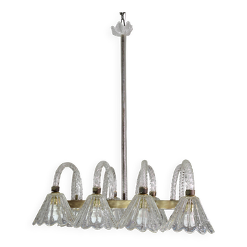 Museal 8 Light Art Decò Barovier e Toso Chandelier, Murano "Bubble" Glass,