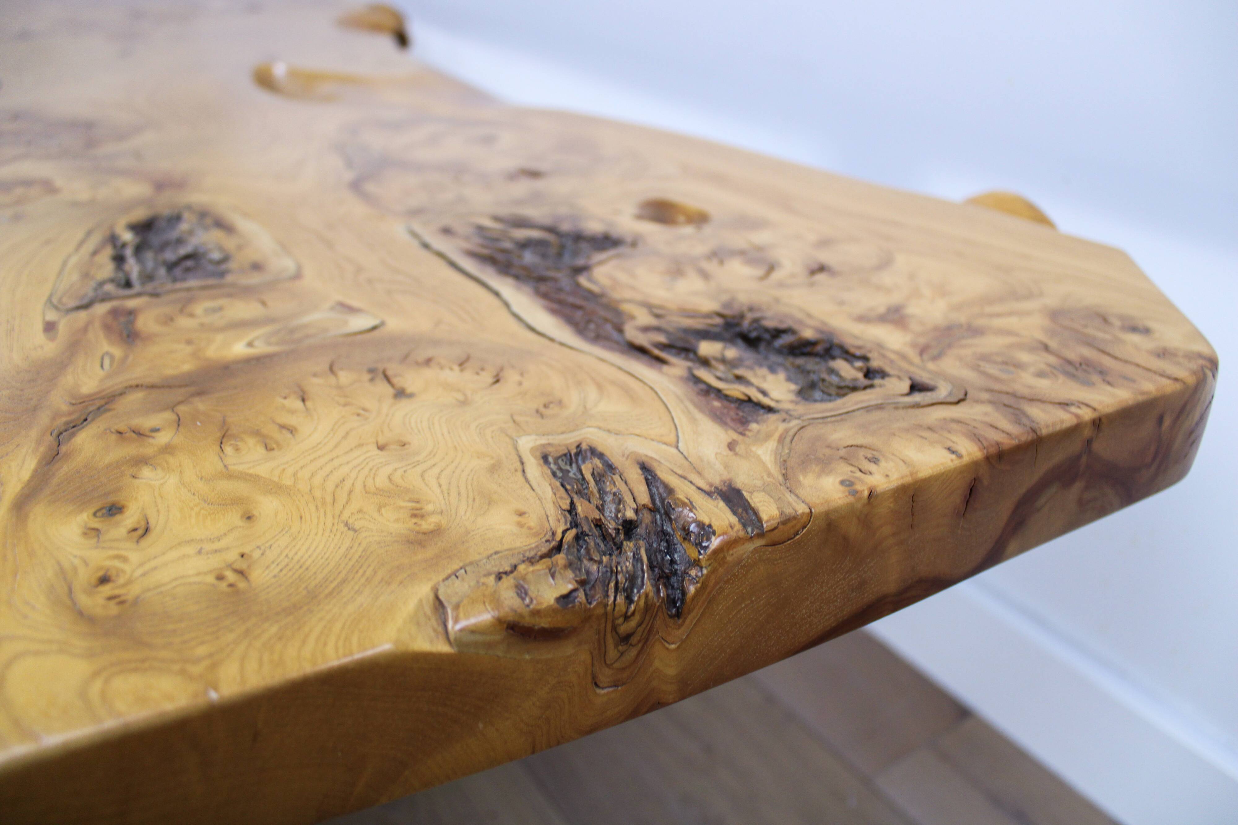 'Floating' mid-century Italian burr elm coffee table on Lucite blocks