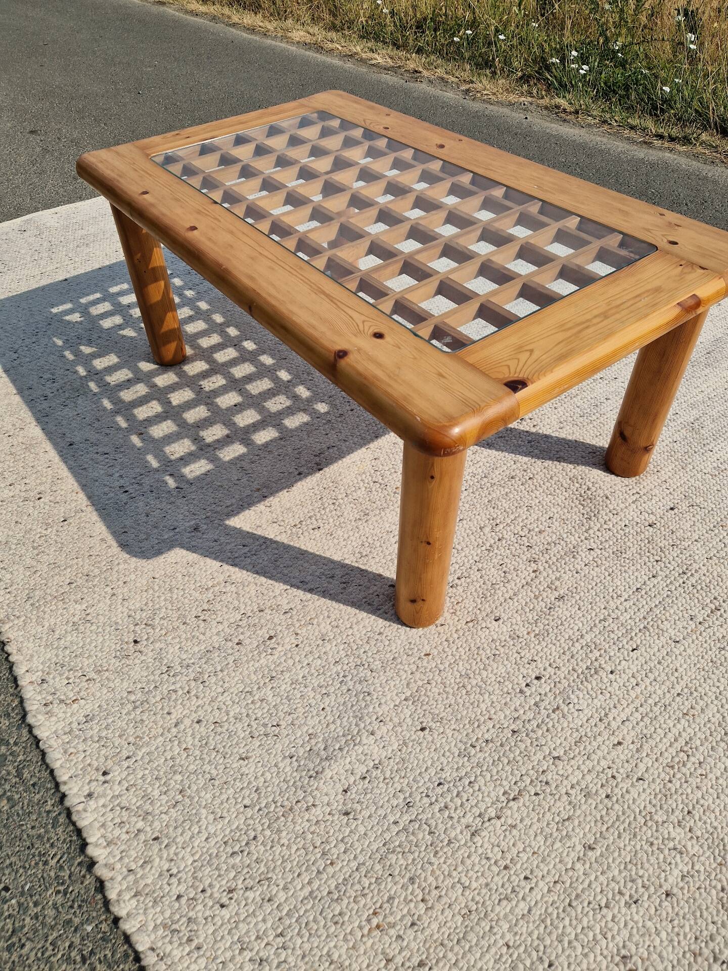 Vintage modernist coffee table in pine.