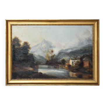 French school of the 19th century Oil on canvas House by the river