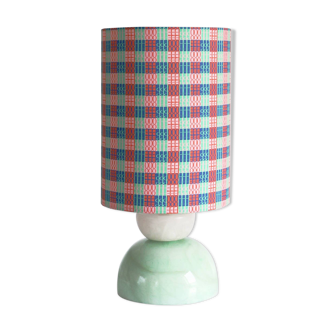 Small vintage lamp with two-tone stone base and printed lampshade