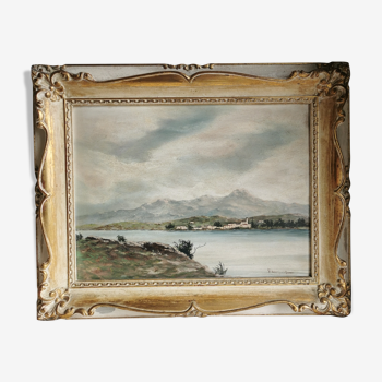 Tableau - paysage lac et montagne, huile sur panneau bois , époque milieu xx ème siècle