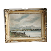 Painting - landscape lake and mountain, oil on wood panel, mid xx century period