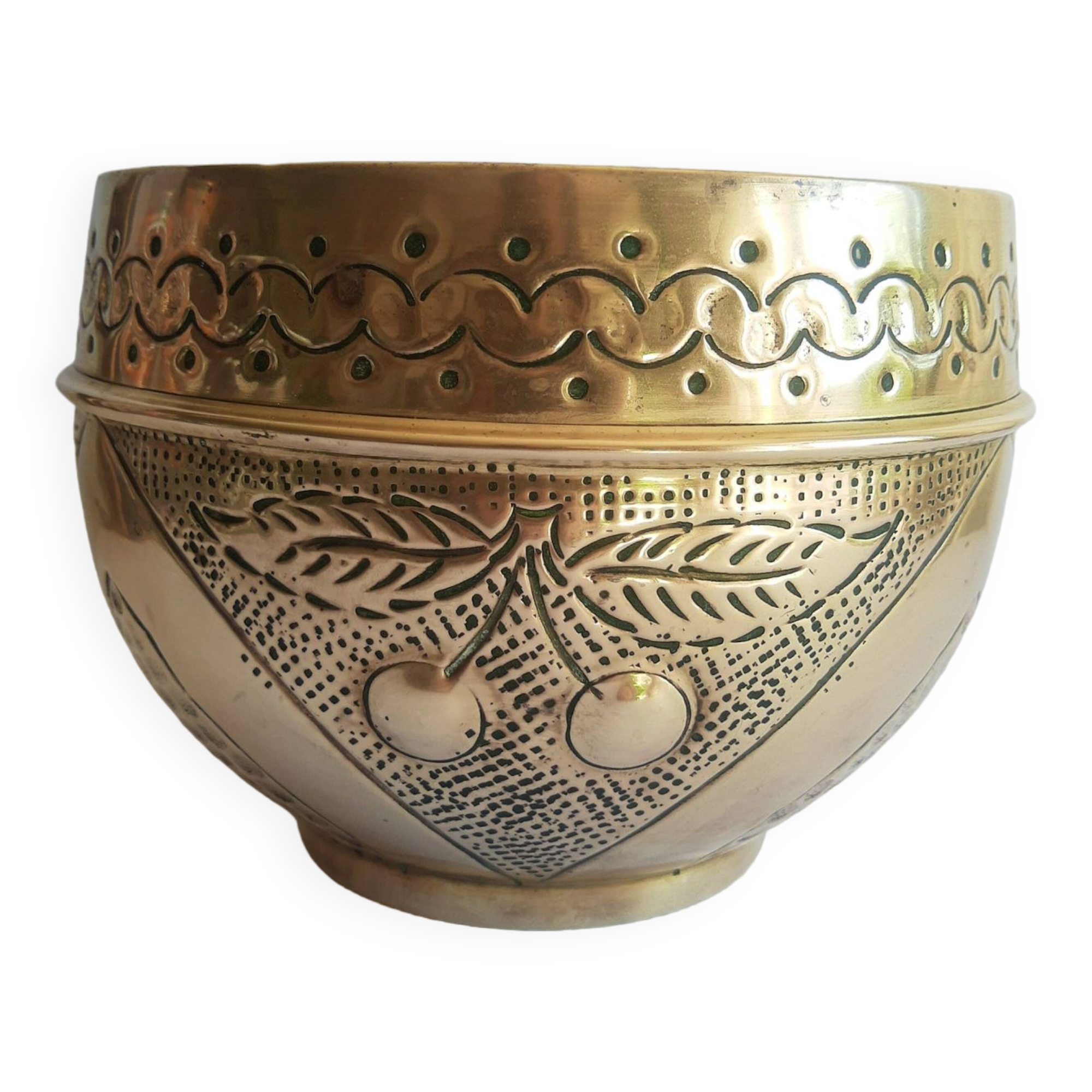 Old vintage brass cherry cache pot