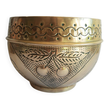 Ancien cache pot laiton cerises vintage