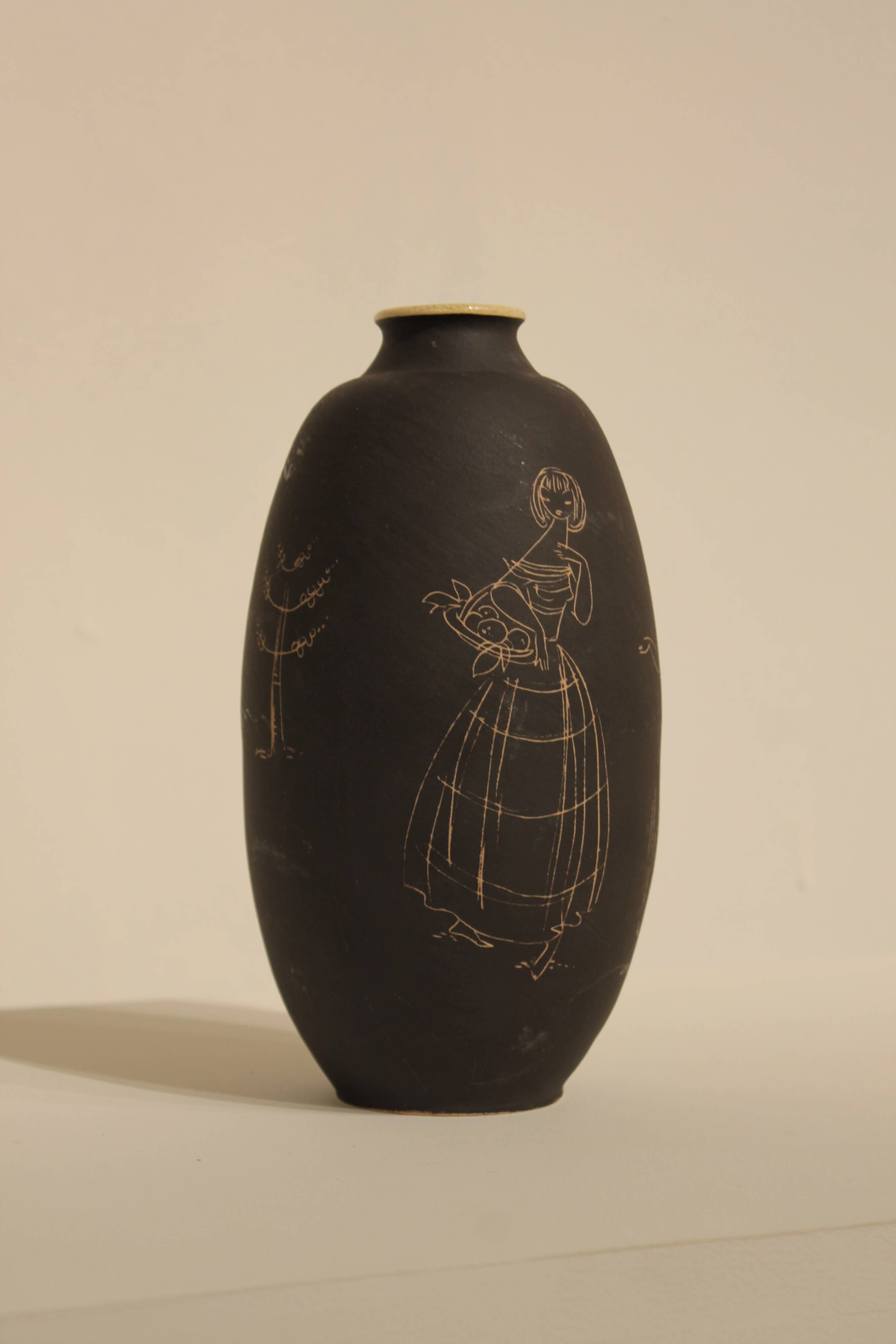 Ceramic vase decorated with women and a tree.
