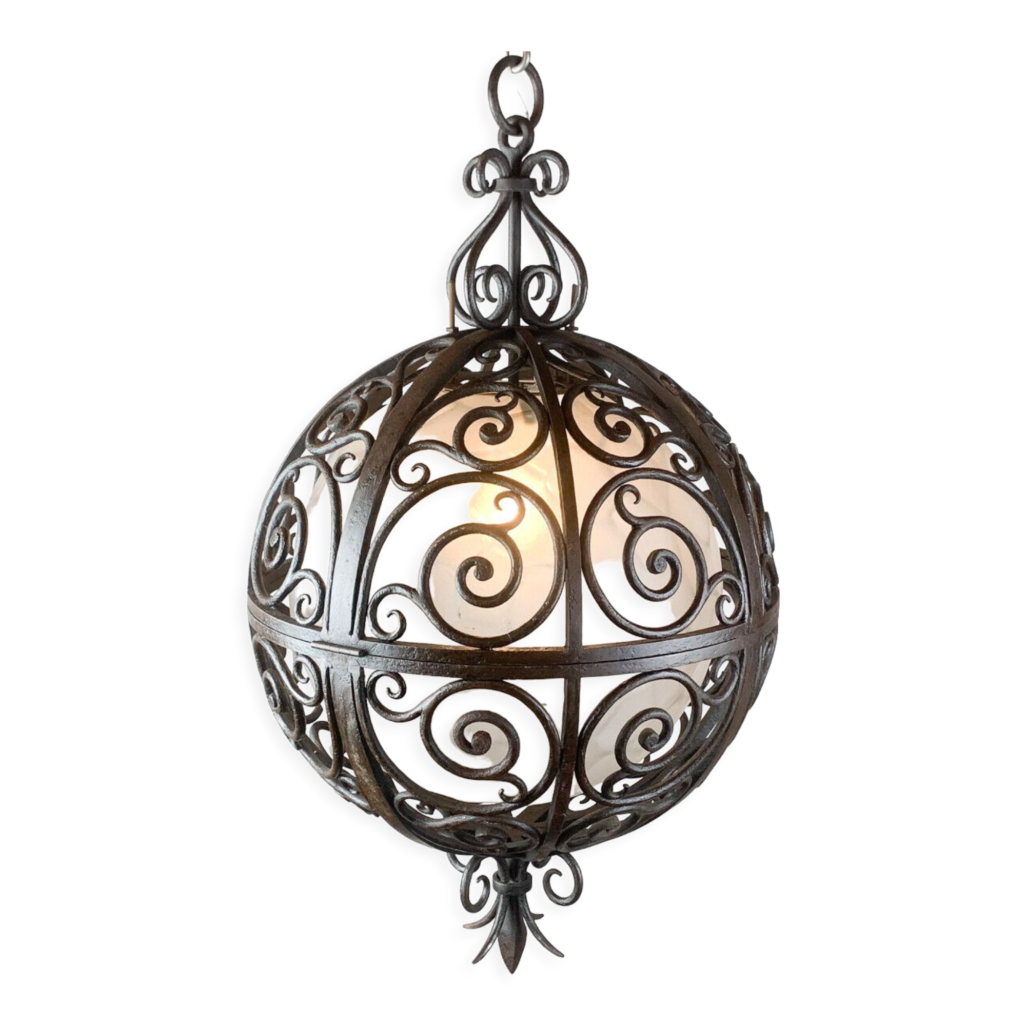 Wrought iron round suspension with interior glass sphere, c.1930