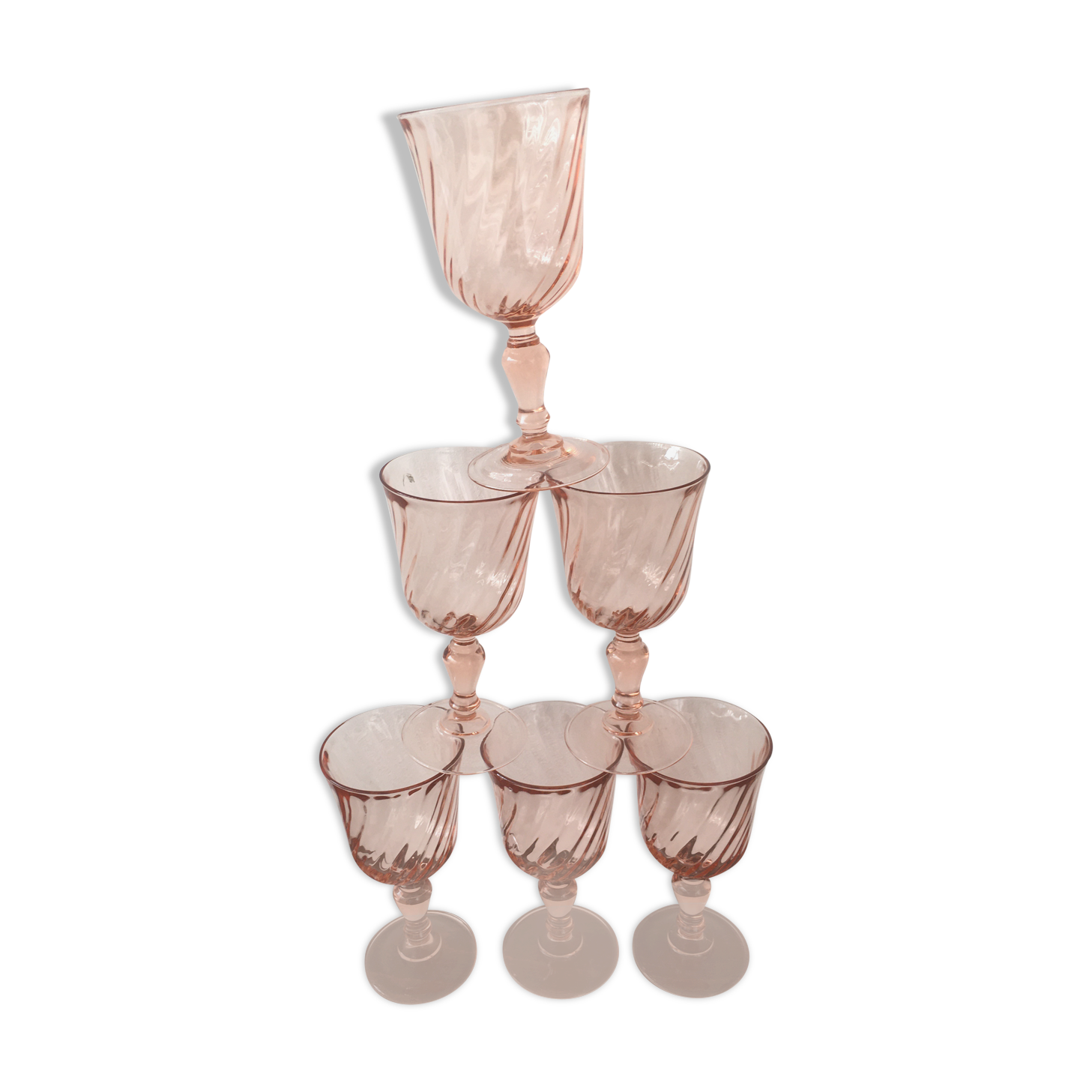 Lot 6 water glasses in twisted pink glass