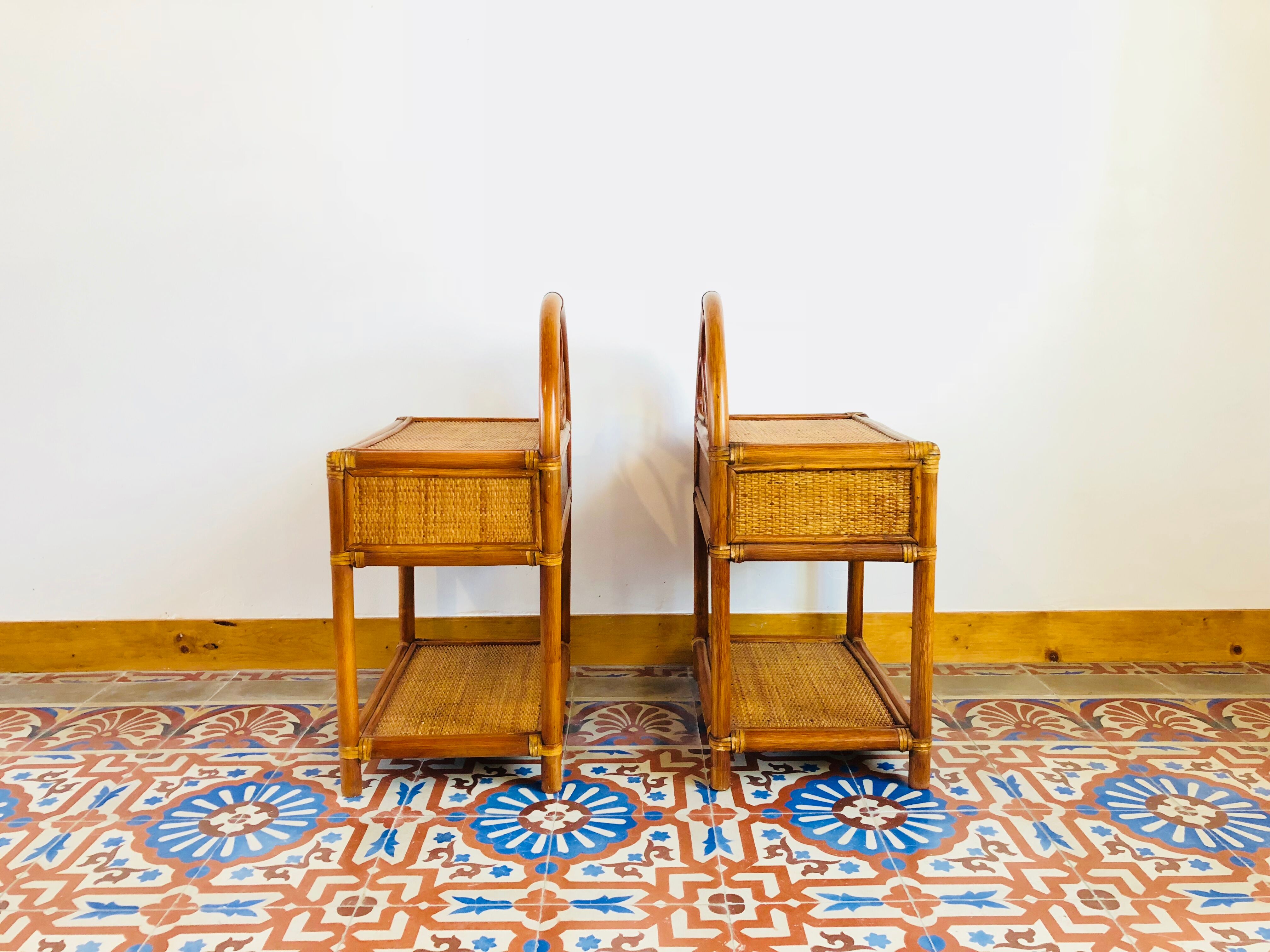 Pair of bamboo and rattan bedside tables