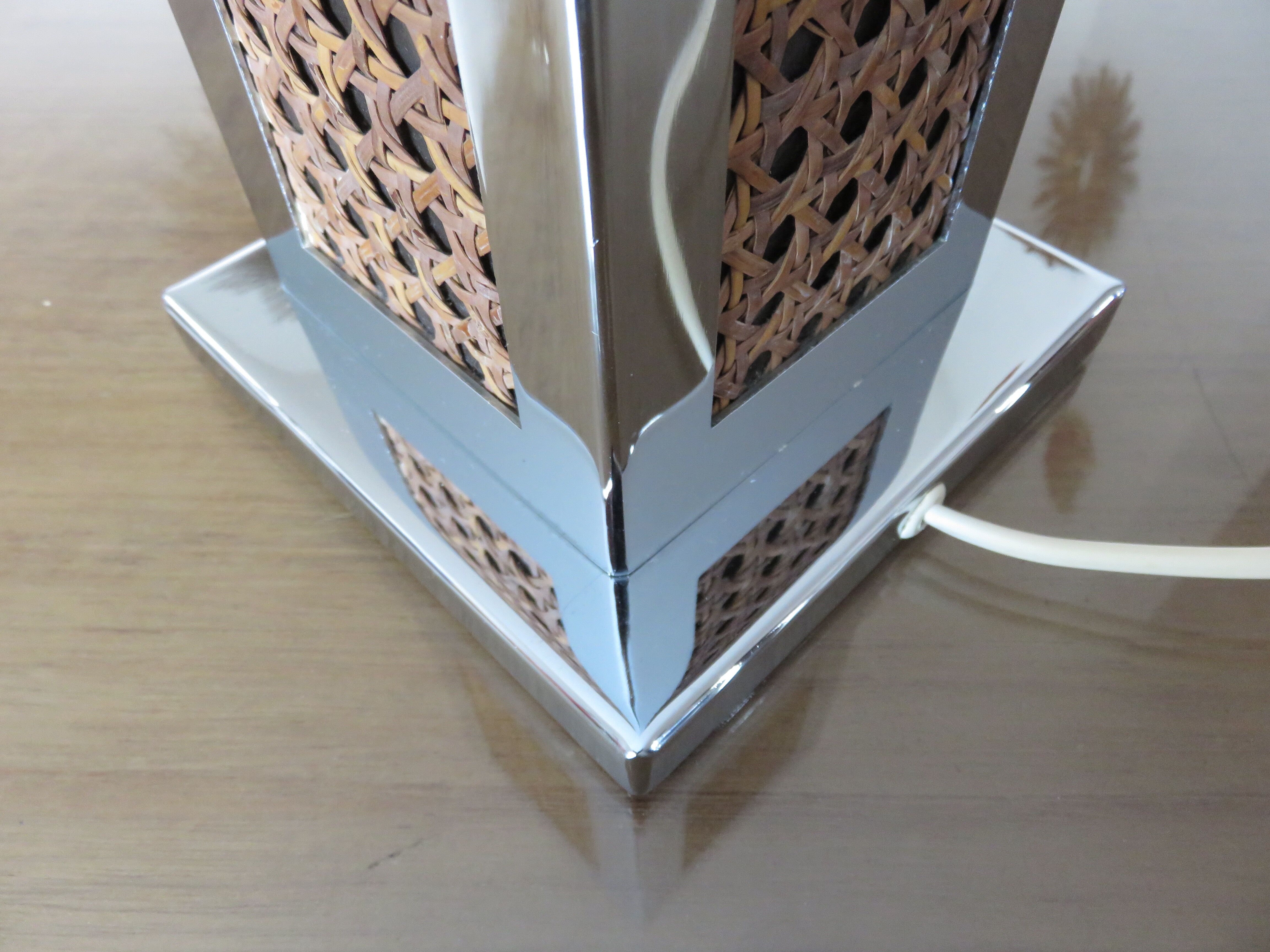 Lamp in chrome metal and 70's caning