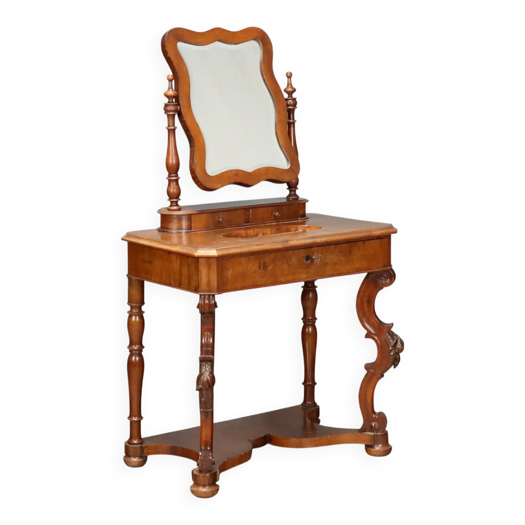 Antique walnut dressing table with mirror and drawer, Italy, 19th century.