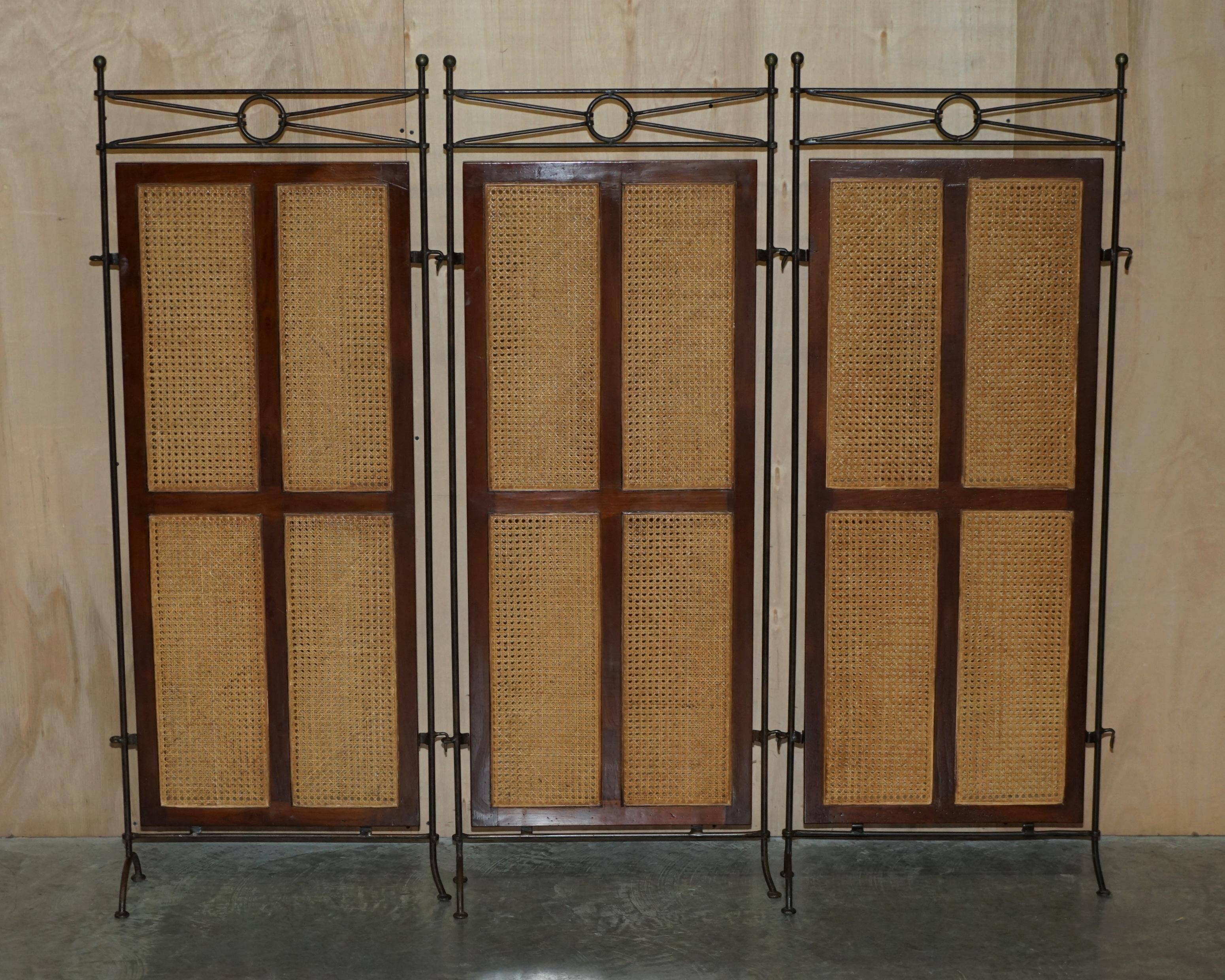 Vintage 3-panel wrought iron screen, bergère and hardwood.