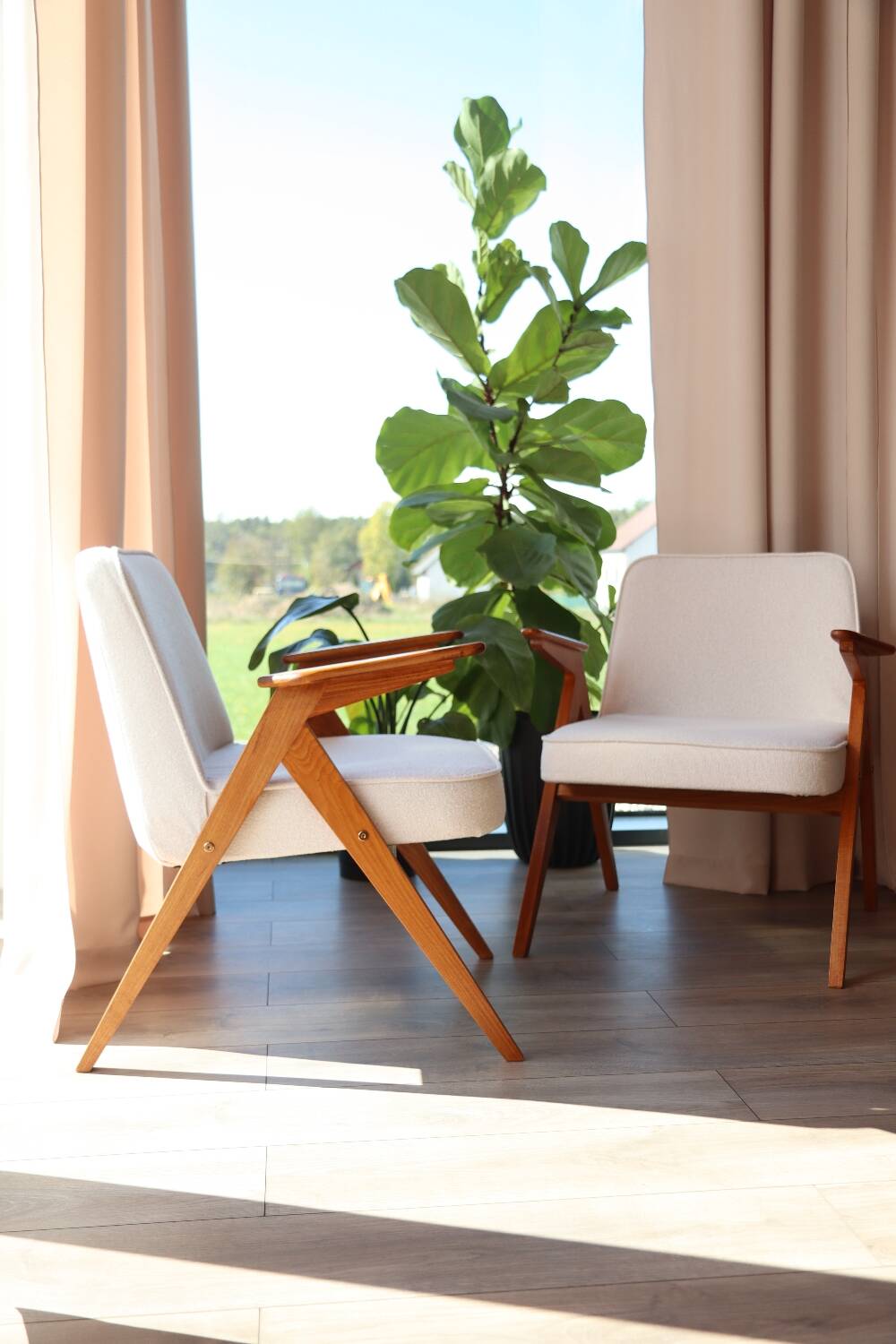 Vintage armchair white curly natural wood boho design by Chierowski 1970