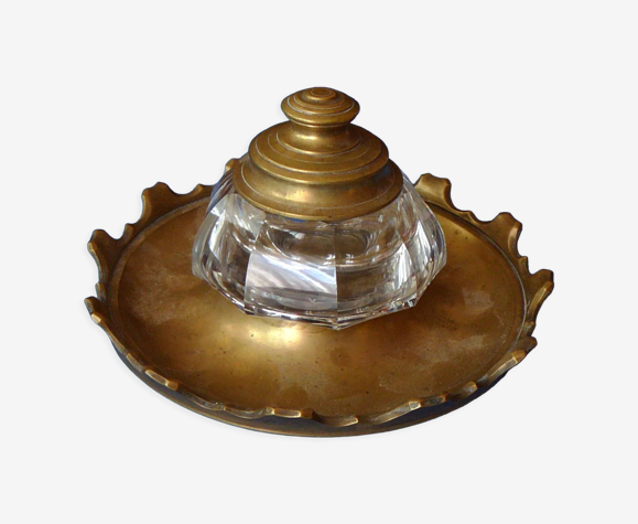 Encrier ancien en cuivre et verre