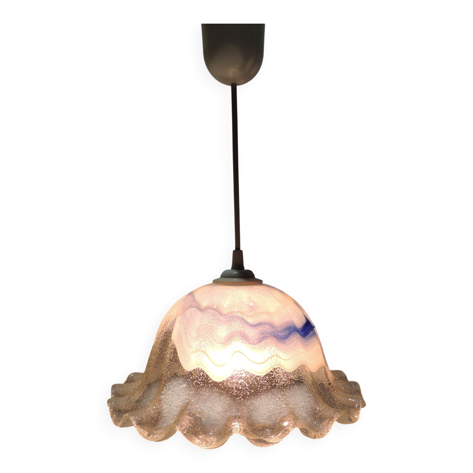 Vintage Murano blown glass suspension lamp with blue and white shell.