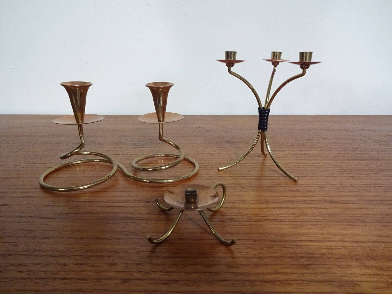 German filigree brass and copper candleholders, 1960s, set of 3