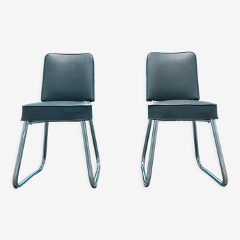 Paire de fauteuils "traineau" vintage en skaï gris anthracite années 60