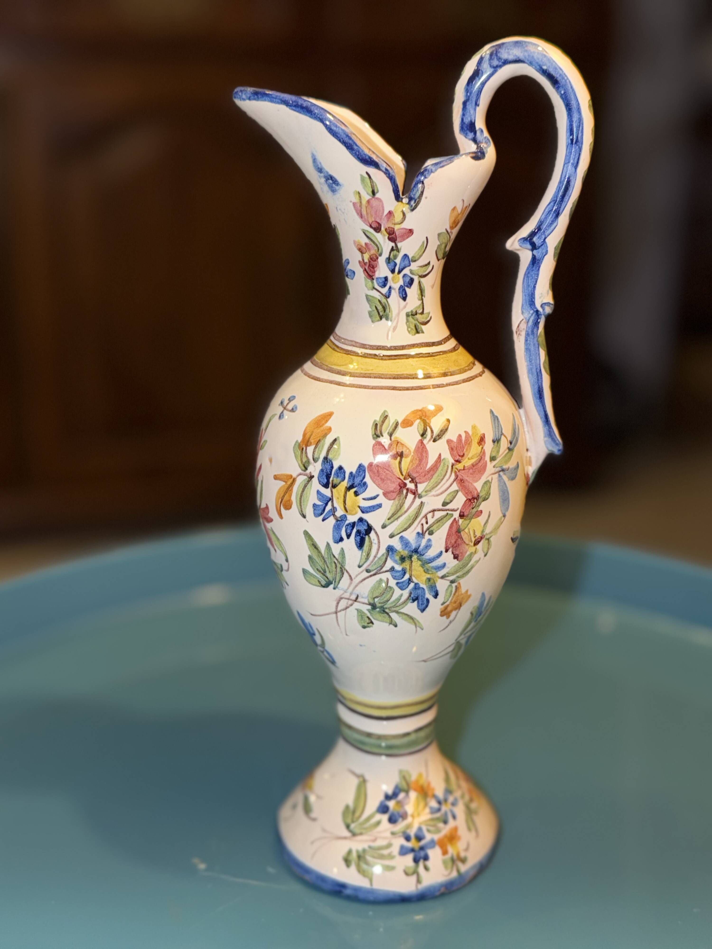 Jug / Pitcher in earthenware with floral decoration in Rouen style signed M.F.