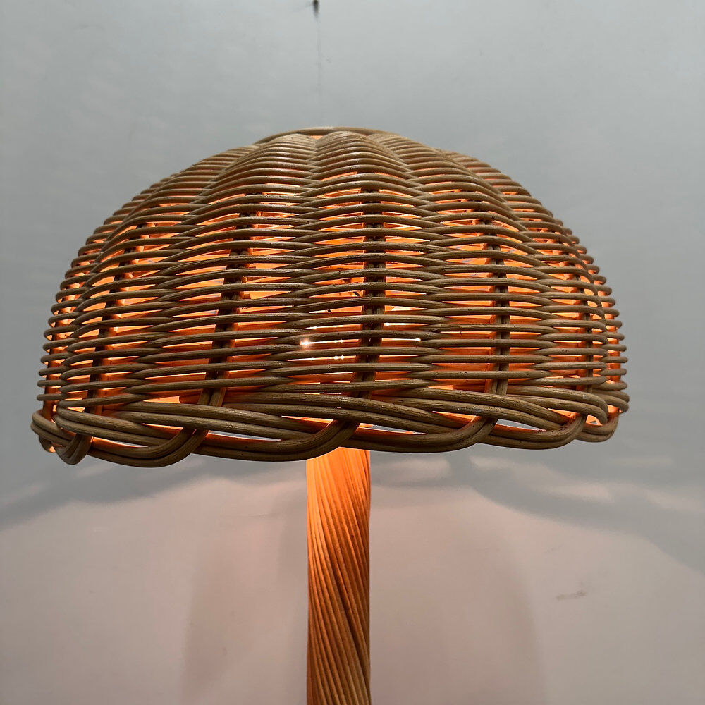 Large French rattan floor lamp, mushroom shade, vintage wicker standing lamp