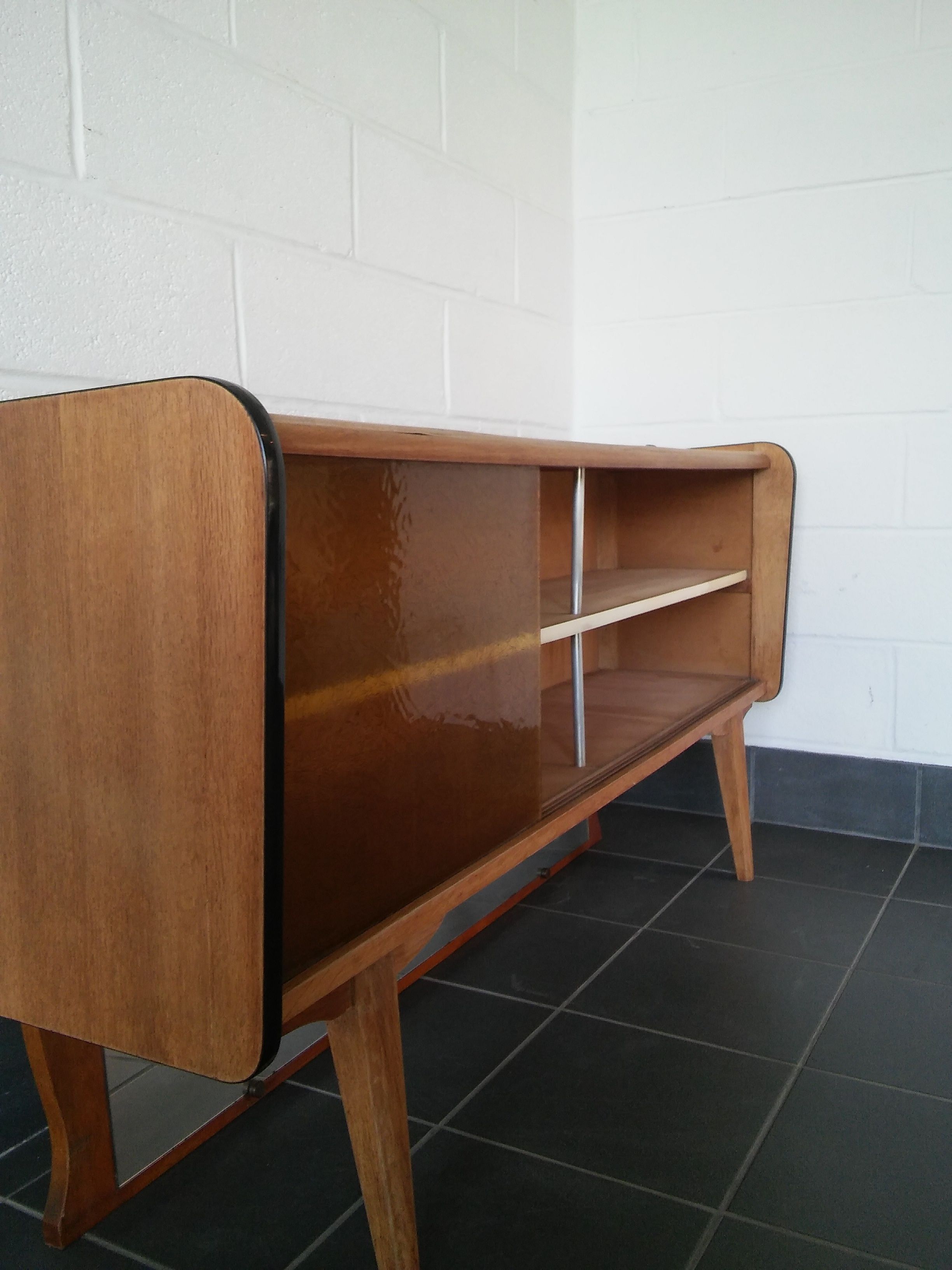 Sideboard vintage Scandinavian feet compass of oak and glass