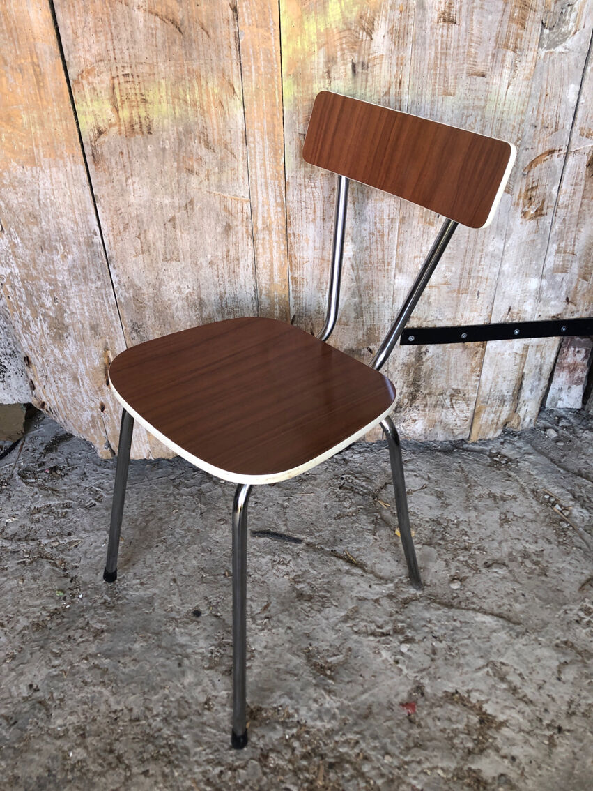 Chaise cuisine en formica imitation bois avec pied chromé années 70 vintage  #a034 | Selency