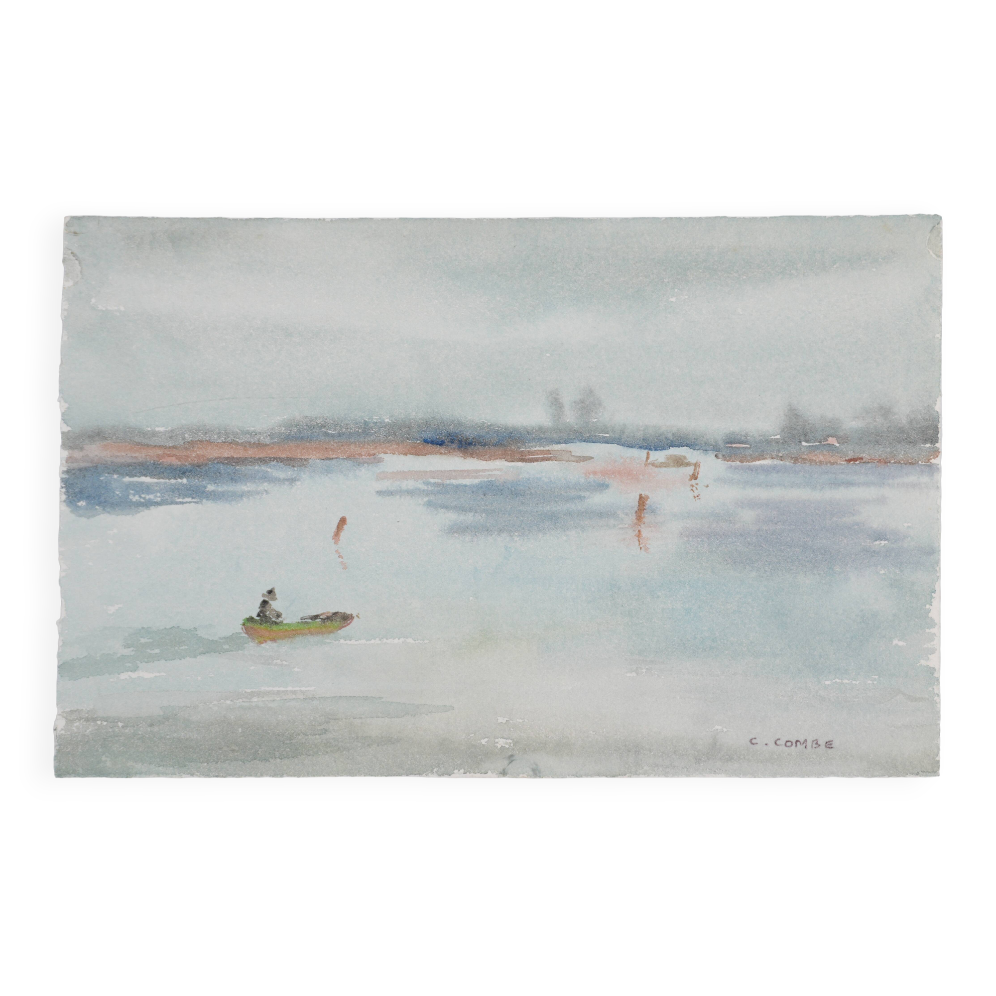 Camille COMBE: Seaside promenade, Original signed watercolor