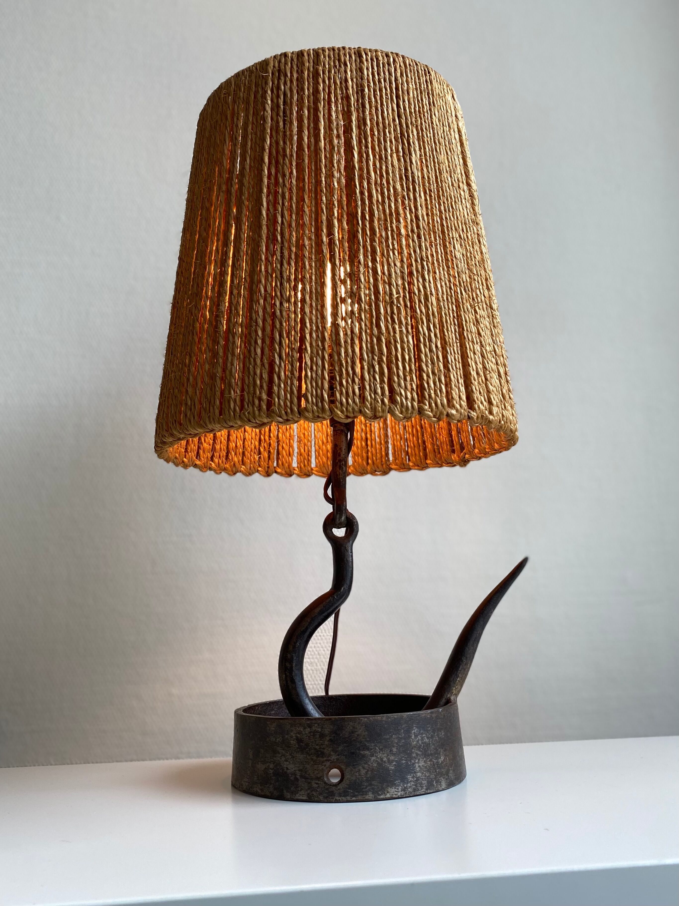 Wrought iron lamp with natural rope lampshade, vintage