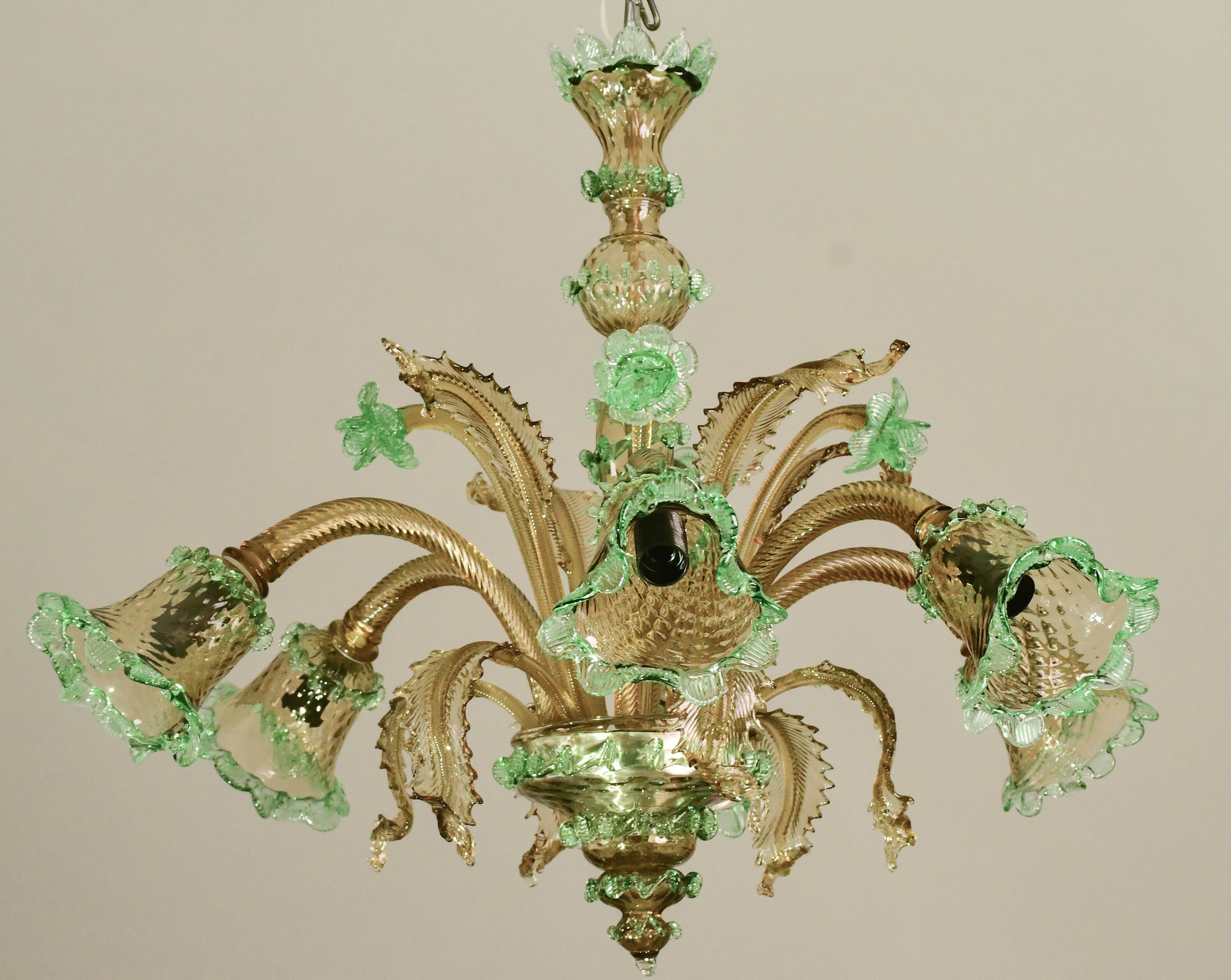 6 arms vintage Venetian chandelier, green Murano glass, 1950s