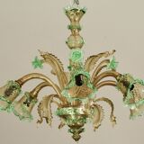 6 arms vintage Venetian chandelier, green Murano glass, 1950s