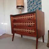 Commode teck et rotin pieds compas