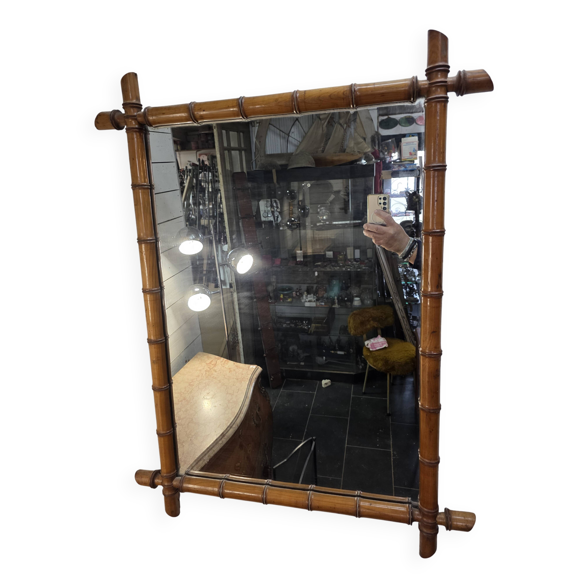 Large cherry wood bamboo mirror 100×76cm