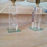 Pair of transparent glass bedside lamp bases - rectangular hologram lamp