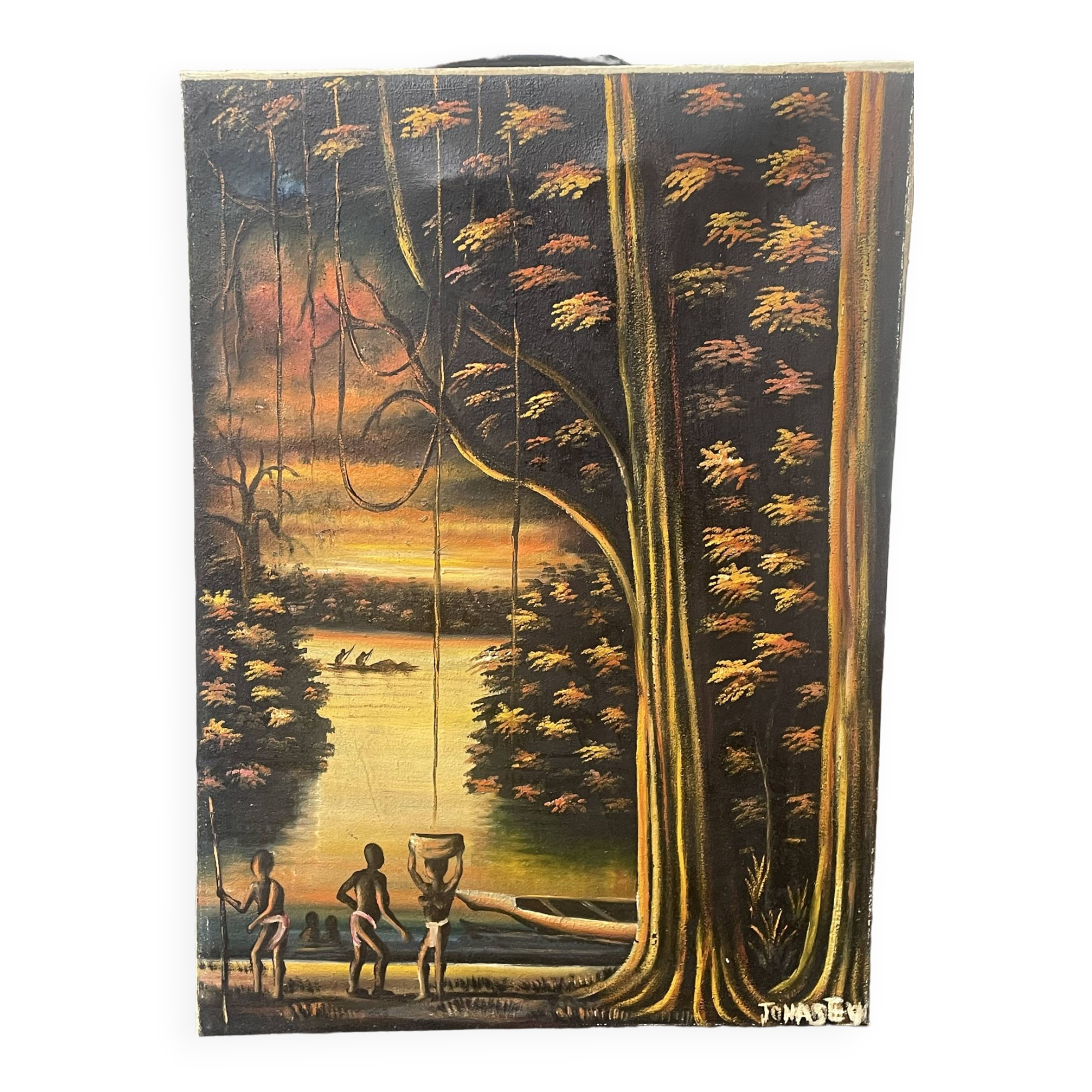 Old african canvas under lively woods in tropical and lush forest signed to identify