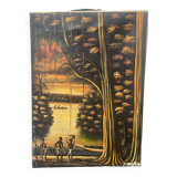 Old african canvas under lively woods in tropical and lush forest signed to identify
