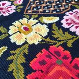 Cross stitch floral boho carpet made by hand on hemp, Romania 148x190cm